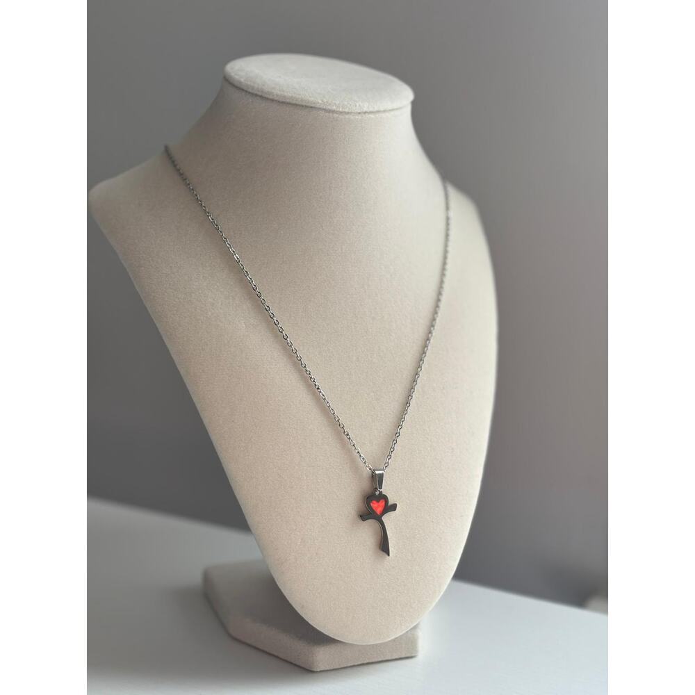 Cross Necklace Red Heart Pendant Silver Stainless Steel Minimal Jewelry - Picture 3 of 6